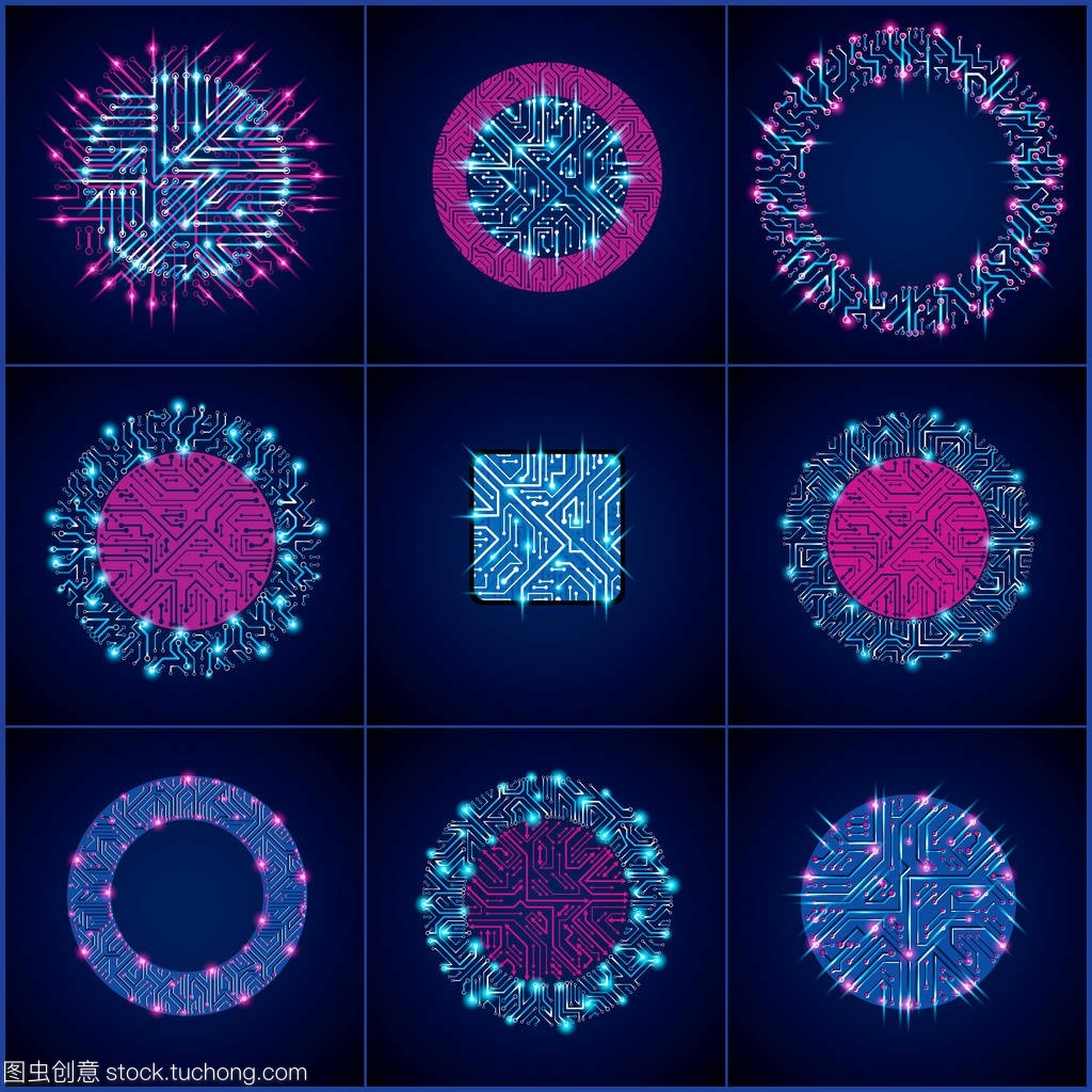 收集的矢量微芯片设计,cpu。信息通信技术要素与火花和箭头、 方形和圆形的形状在发光霓虹灯电路板